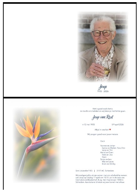 Rouwkaart Joop van Rest