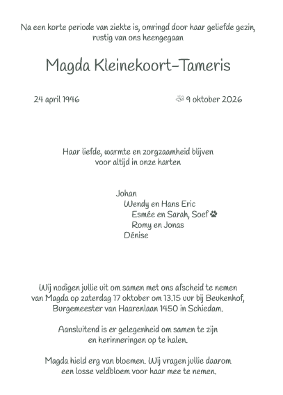 Uitvaart Magda Kleinekoort-Tameris